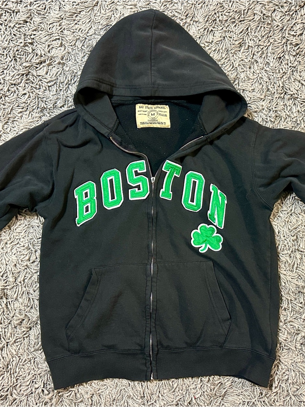 Boston Green Lettering Zip Hoodie - Black